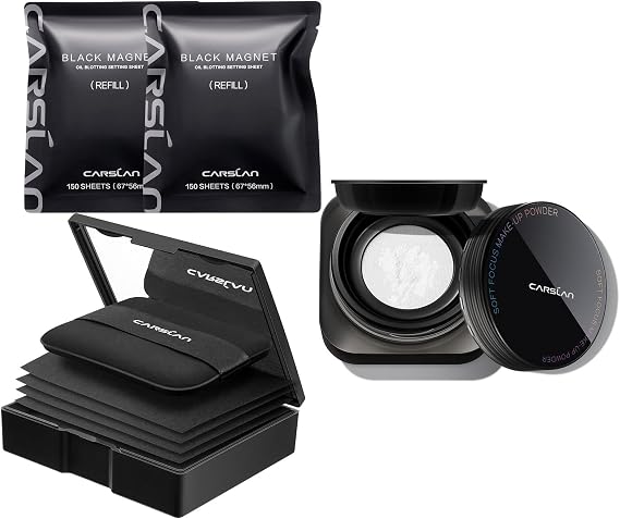 CARSLAN Makeup Blotting Paper with powder, 450 Sheets + 8 Refill Pads Bundle with Soft Focus Loose Setting Powder, 01 Translucent For Dry