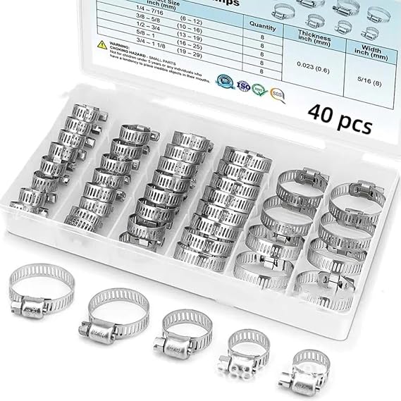 40PCS Worm Gear Hose Clamps 304 Stainless Steel Hose Clamp Assortment Kit DIY for Water Pipe,Fuel Line, Plumbing and Mechanical Application