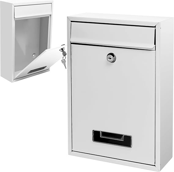 Wall Mount Mailbox, Mail Box with Key Lock, Dropbox with Slot for Envelope, Office Business, Home, Decor, 12.6 X 8.5 X 3.3 Inch (White)