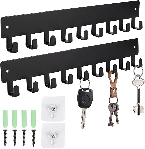 2 Pack Key Holder for Wall, 9 Hooks Self-Adhesive Keys Holder, Heavy Duty Key Hooks Wall Mounted No Drilling Required, Stainless Steel Metal Key Rack for Entryway Hallway Living Room Kitchen