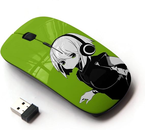 光学式2.4 Gワイヤレスマウス Anime Girl White Hair Headphones Music Green