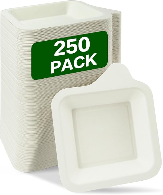 250 Pack 4.5 Inch Small Paper Plate Bulk, Disposable Square Mini Dessert Plate Sugarcane Bagasse Fiber Appetizer Snack Plates for Wedding, Birthday, Dinner, Party - White