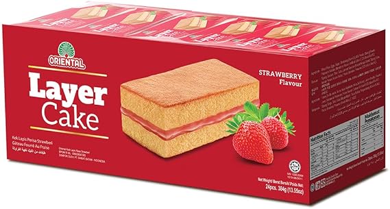 Oriental Layer Cake - Classic Soft Sponge Cake - Individually Wrapped Sweet Snacks - Banana, Pandan, Butter, Chocolate, or Strawberry Flavour (16g*24 Packs) 384g (Strawberry)