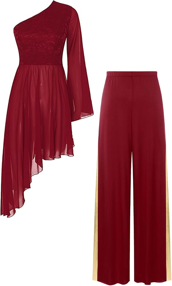 Women's Praise Dance Outfit Asymmetrical Worship Dance Tunic with Wide Leg Baggy Pants Set Liturgical Dancewear