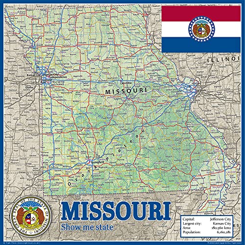 Missouri State Physical Map - 16.5 x 16.5 Inches - Paper Laminated