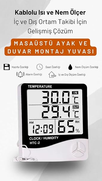 Htc-2 Dijital Termometre Saat Nem Ve Sıcaklık Ölçer Iç Dış Mekan