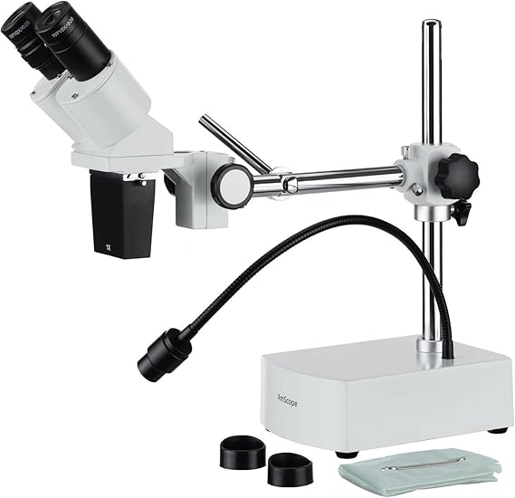 AmScope SE400X Professional Binocular Stereo Microscope, WF5x and WF10x Eyepieces, 5X and 10X Magnification, 1X Objective, LED Lighting, Boom-Arm Stand, 110V-120V