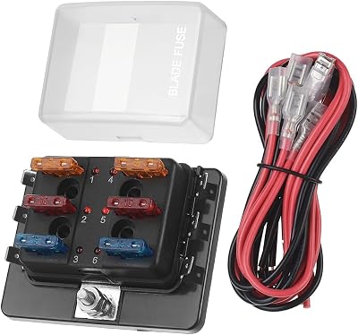 Jtron DC 12~32V Blade Fuse Box Holder with LED Warning Light Kit for Auto Marine Fuse Block, Fuses Included [Connecting Cable]