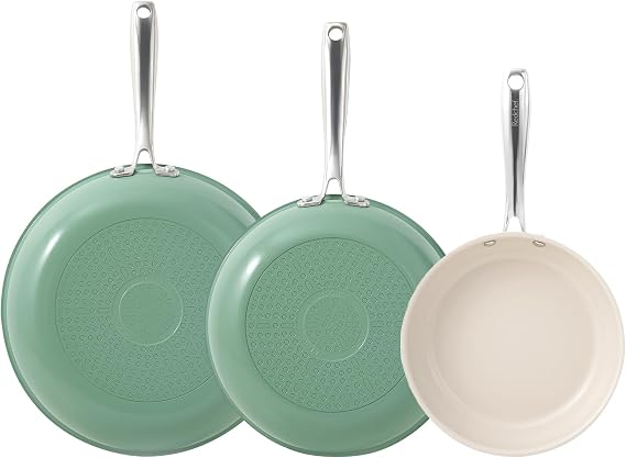 Redchef Non Stick Ceramic Frying Pan Set, Ceramic Pans for Cooking, 20 24 28cm Skillet Set, No PFAS &amp; PTFE &amp; PFOA with Stainless Steel Handle, Oven Safe Max up to 842°F (Green)
