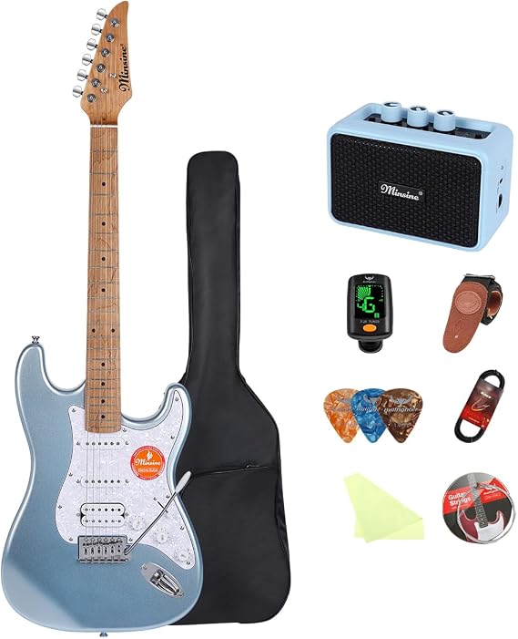 Electric Guitar Beginner Kit -39in Solid Body Metal Electric Beginner Guitar Kits for Adults with Guitar Picks, Strap, Strings, Amp, Case, Metallic Finish, Guitarra Electrica M100S (Blue)