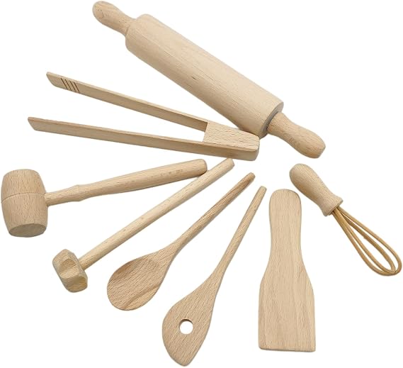 Kids Kitchen Utensils Set - Wooden Kitchen Game for Cooking and Oven | 8 Piece Real Dish Whisk Spatula Tongs Spoon Slotted Spatula for Girls Boys Home Creative Play D Kids Kitchen and Baking Supplies