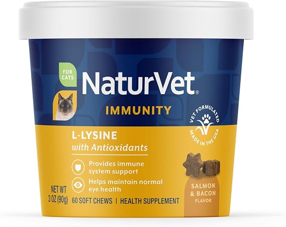 NaturVet L-Lysine Immune Support Plus Antioxidants Cat Supplement Helps Support Eye Health, Immune System for Cats Includes Amino Acids 60 Ct. Soft Chews, 30-Day Supply