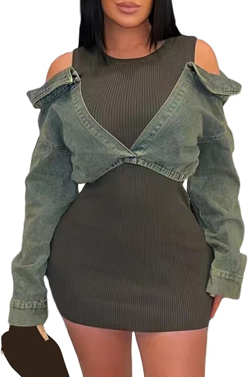 Ecirod Womens Sexy Ribbed Knit Mini Dress Denim Patchwork Cold Shoulder Long Sleeve Bodycon Short Dresses