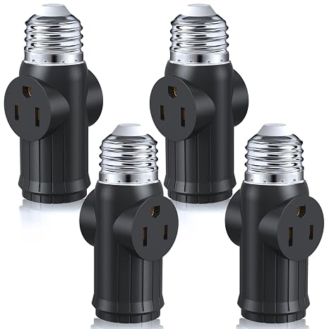 4 Pcs Light Socket Outlet Adapter, 3-in-1 Light Socket to Plug Adapter for Expanding 3&2 Prong Sockets, Screw in E26 E27 Light Bulb Outlet Socket Adapter, Safety Performance & Professional Material