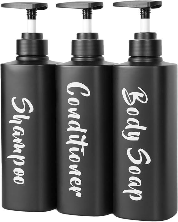 3-Pack Soap Dispenser Matte Black, 500ml 17 fl.oz for Bathroom | refillable pump, for shower gel, shampoo, conditioner, body wash, lotion, hotel, home, kitchen, travel
