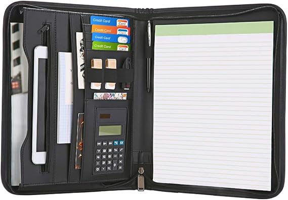 Zippered Padfolio with Calculator, Black PU Leather Portfolio Organizer, Professional Interview Resume Business for Men Women, Interior 10.1 Inch Table Sleeve