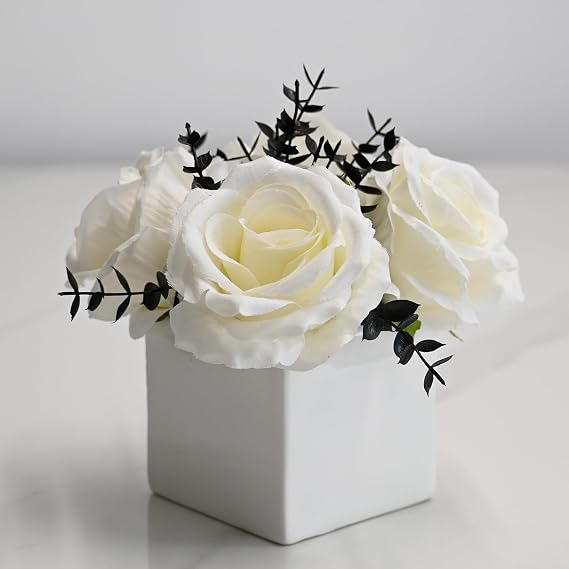 Artificial Flowers with Small Ceramic Vases, Roses in Vases Plastic Artificial Flowers and Plants,Used for Home Office Wedding Decoration, Table Decoration-White
