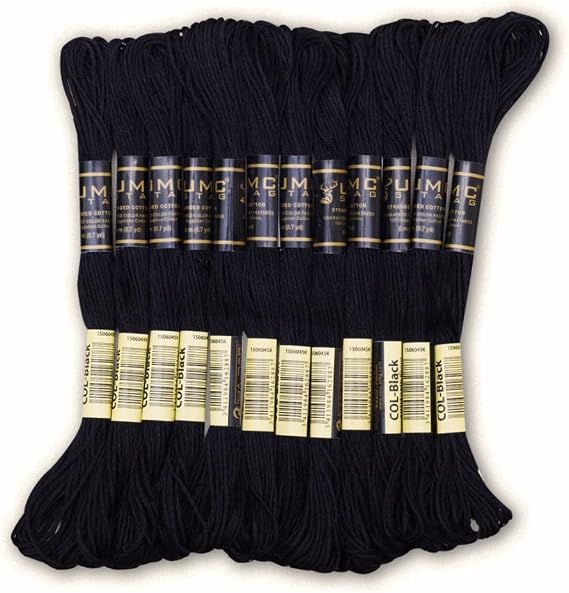 Pack of 12 Black Premium Embroidery Threads | 100% Egyptian Cotton Premium Skeins | Cross Stitch Embroidery Floss | Oeko TEX Certified Stranded Cotton | Ideal for Arts & Crafts (Black-12)