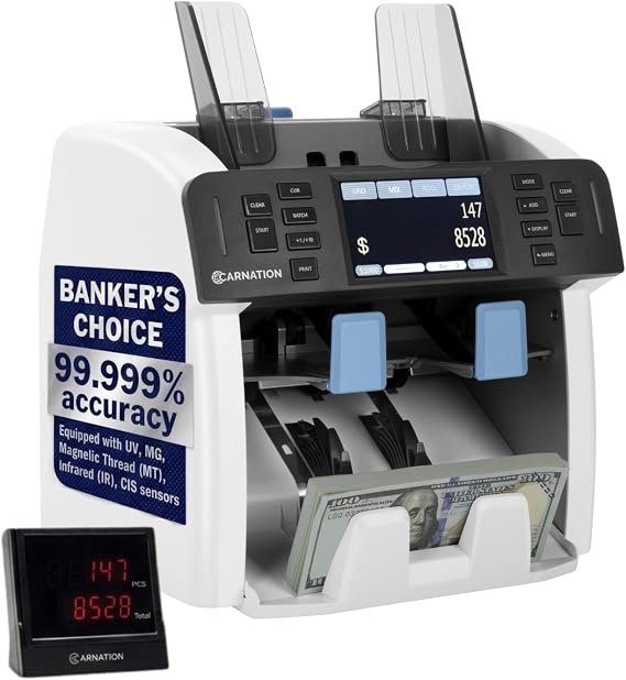 Carnation Money Counter Machine Cash Counting & Mixed Denomination Bill Counter, Portable Currency Detector, Counterfeit Bank Scanner, Dollar Sorter for Commercial, 1100 N/M, UV/MG/MT/IR/2CIS