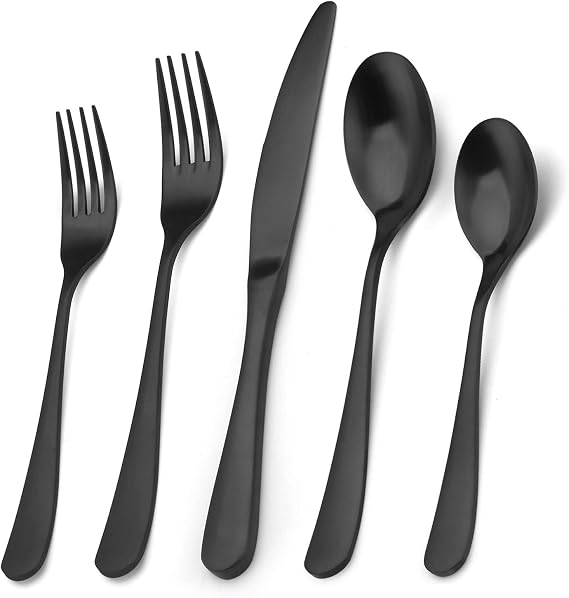 Matte Black Silverware Set, Bysta 20-Piece Stainless Steel Flatware Set, Kitchen Utensil Set Service for 4, Tableware Cutlery Set for Home and Restaurant, Satin Finish, Dishwasher Safe