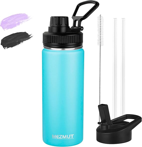Insulated Water Bottle 18oz Stainless Steel Water Bottles with Straw&2 Lids, Kids Metal Water Bottle Cup for School, Vacuum Insulated Bottles Leak-Proof Travel Cup, Blue