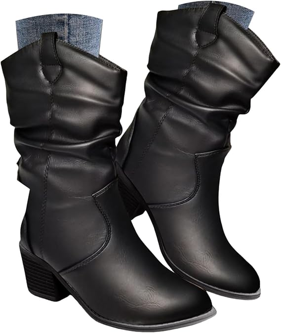 Women's Fashion Mid Calf Round Toe Chunky Heel Cowgirl Ankle Boots Pull On Boots - Black PU Leather - US Women's Size 6-10