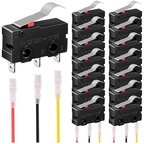 15Pcs Mini Micro Limit Switch 5A 125 250V AC SPDT 1NO 1NC Momentary 20mm/0.79inch Long Straight Hinge Lever Arm Switch Snap Action Button Type 3 Pins SPDT with 45Pcs Terminal Wires