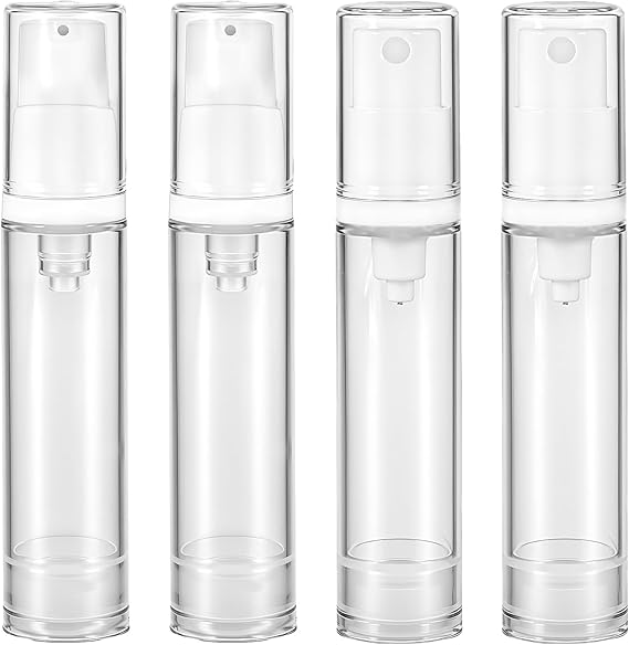 4 Pcs Empty Airless Pump Bottles, Refillable Clear Travel Pump Bottle Lotion Container Vacuum Cosmetic Container Press and Spray Pumps Bottle for DIY Foundation Essential Oils Disinfectant Spray(10ml)