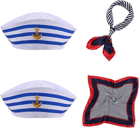 SSKHE 4pcs Captain Sailor Costume Set,Stripes Sailor Hat and Scarf Set,Yacht Captain Cap,navy dress accessories,Navy Outfit Dressing,sailor and captain costume accessories for Women Men Costume