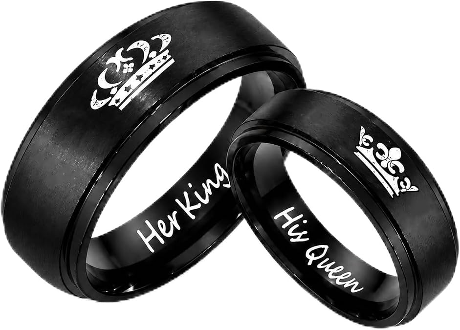 2pcs His Queen and Her King Couple Rings Set, Titanium Steel Matching Promise Wedding Engagement Band for Couples (Black, Gold)