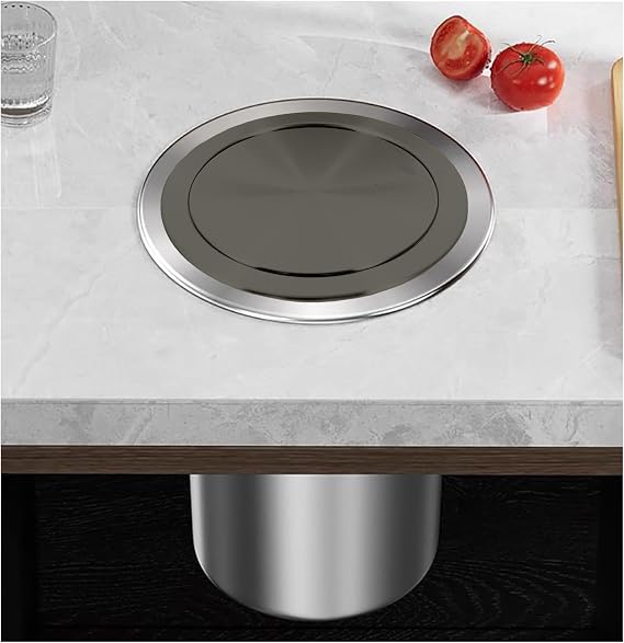 Countertop Stainless Steel Trash Can Lid, Built-in Kitchen Garbage Can, Round Embedded Trash Bin Swing Flap Cover, Waste Basket for Hotel Home Cabinet,Gray