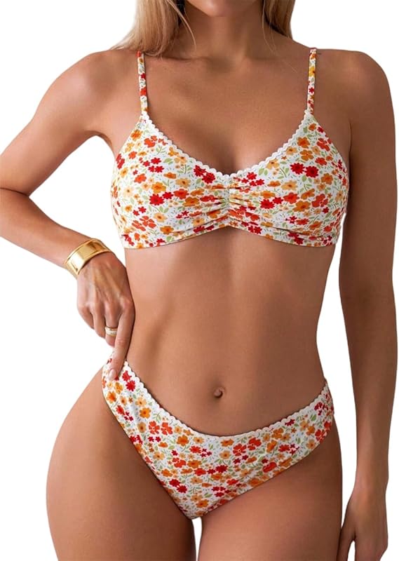 YIMISAN Two Piece Bikini Set for Women Floral Print Lace Trim Push Up Swimsuit Cheeky Bathing Suit