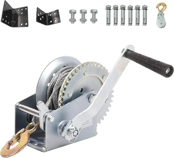 1200lbs Hand Winch Kit with 2Pcs Mount Plate, Boat Trailer Winch Heavy Duty Hook with 33ft Steel Cable Hand Crank Winch, Two Way Ratchet Boat Winch for Trailer Truck ATV Boat Marine