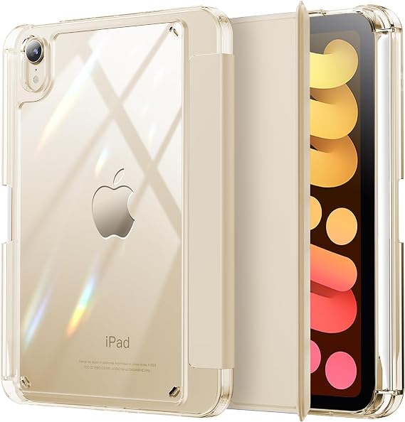 INFILAND for iPad mini 7 case, iPad mini 7th (A17 Pro) /6th Generation Case 8.3 inch 2024/2021, Clear Back & PU Leather Protective Cover with Pencil Holder Support Wireless Charging (Starlight)
