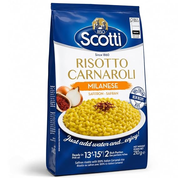 Riso Scotti - Milanese with Saffron, Carnaroli Rice, Easy to Cook, 7.4 oz | Milanese Carnaroli Risotto Rice with Saffron for Italian Risotto, Just Add Water with Instruction Included, Product of Italy