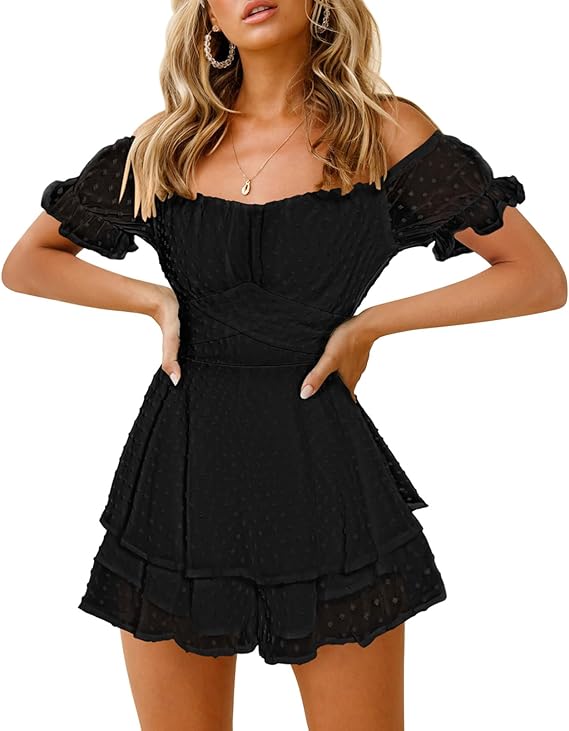 Fixmatti Women Boho Romper Off Shoulder Ruffle Chiffon Shorts Jumpsuit Playsuits
