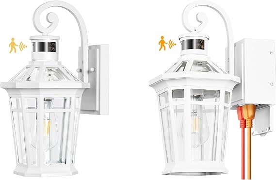 White 1-Pack Motion Sensor Porch Light Outdoor, 1-Pack Exterior Lighting Fixtures with GFCI Outlet, Outdoor Wall Lantern, Adjust Sensitivity Exterior Wall Light, Outside House Lights