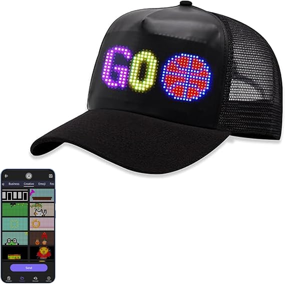 Crelander LED Hats, Full-Color LED Display Smart LED Caps, Baseball Cap with Bluetooth APP Control Programmable Display Screen, Custom Text, Patterns, Animations for Party Christmas Black