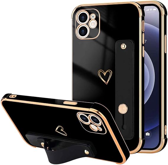 LLZ.COQUE for iPhone 12 Case with Strap Stand, Black