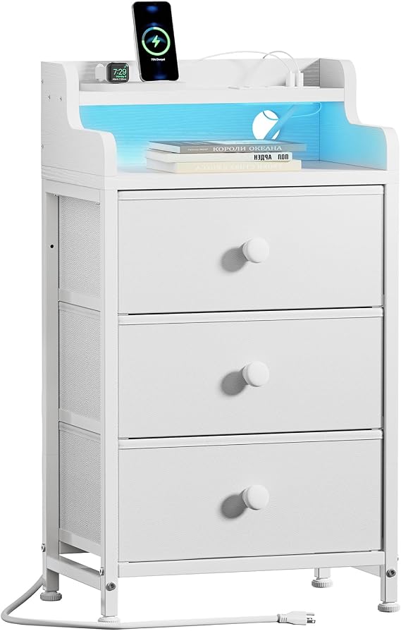 REAHOME Nightstand with Charging Station with 3 Drawers, White