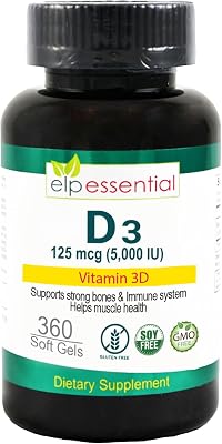 ELP ESSENTIAL Vitamin D3 5000iu 125 mcg 1 Year Supply for Healthy Muscle Function, and Immune Support, Mini Softgel, 360 Count