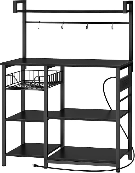 HOOBRO Bakers Rack with Power Outlet, 35.4 Inches Coffee Bar with Mesh Basket, Microwave Stand with 4 S-Shaped Hooks, Kitchen Bakers Rack with Storage, Easy to Assemble, Black BB05HB01