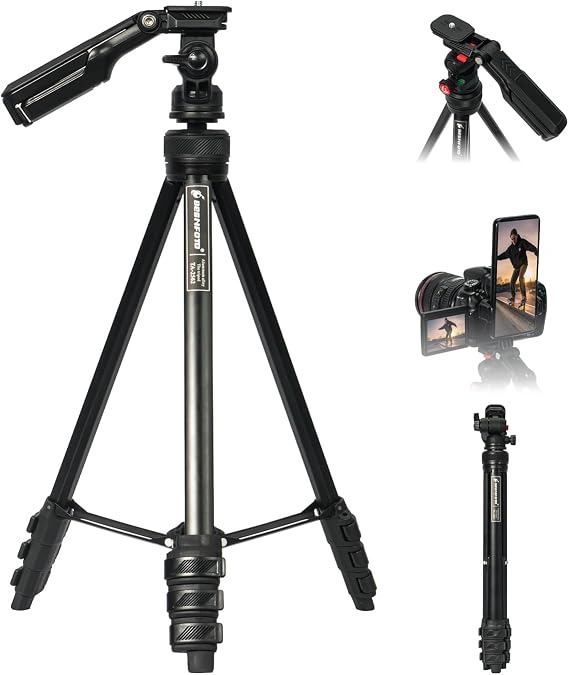Besnfoto Camera Tripods, 60" Portable Compact Tripod for Camera Phone Video Recording, Travel Lightweight Cameras Tripod Stand with Built-in Cell Phone Clip for Live Streaming Vlog