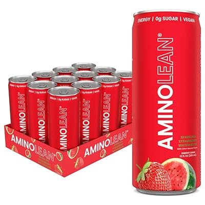 RSP NUTRITION AminoLean Energy Drink Sugar Free Amino Energy with Natural Caffeine and Vegan Amino Acids for No Jitters, Tingles, or Crash, Strawberry Watermelon Pack of 12