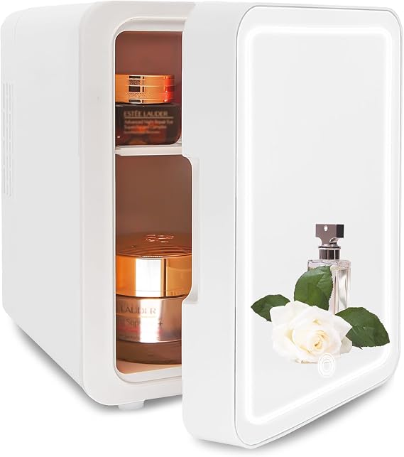 VNIMTI Mini Fridge 4L/6 Cans,Portable Skincare Fridge with LED Mirror,Small Makeup Fridge for Bedroom,Cooler & Warmer Refrigerator Home,Car,Cosmetic,Food,Drink,Beauty,Table Top,Travel (4L- white)