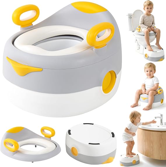 3-in-1 Potty Training Seat, Toddler Potty Chair & Step Stool, Grey | Soft Cushioned Seat with Removable Bowl, Splash Guard, Handles and Anti-slip Step Stool for Boys and Girls