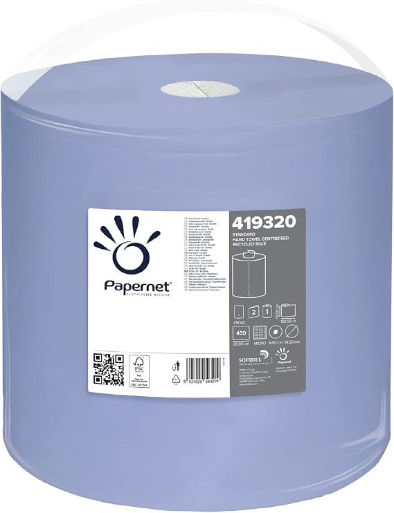 Papernet Defend Tech - Centrefeed Paper Towel Roll 419320, 1 Paper Handtowel Roll Made of Recycled Paper, 130,5 m Lenght, 2 Plies, 450 x 19x29 cm Sheets, Color Blue