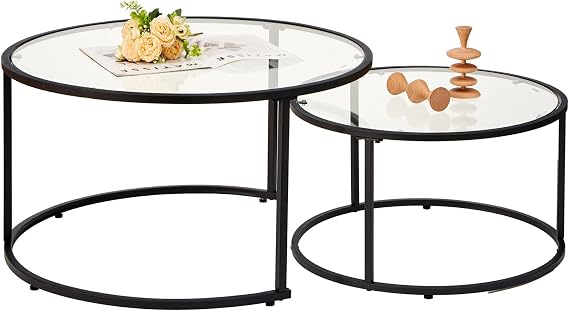 Modern Nesting Glass Coffee Table Set of 2, Round Tempered Glass Coffee Table for Living Room & Bedroom, Space-Saving Design with Adjustable Feet (Large Size + Black Frame)