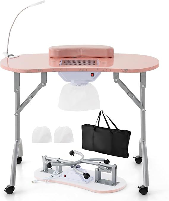 Multigot Portable Manicure Table, Foldable Nail Desk with Electric Downdraft Vent, Bendable LED Table Lamp, Removable Armrest Pad, Dust Bag & Carrying Bag, Nail Art Workstation for Spa Salon (Pink)