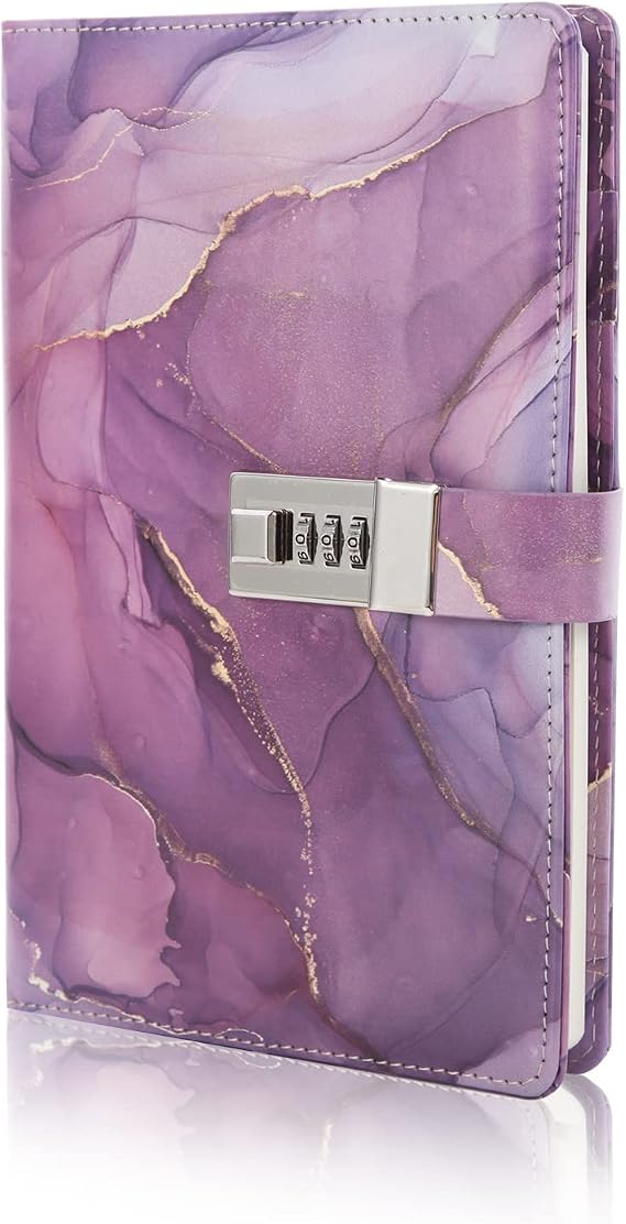 Marble Diary with Lock for Girls and Women, A5 Leather Locked Journal for Teen Girls, Secret Cute Password Lock Notebooks with Pen Holder for Travel Diary Office Notepad
